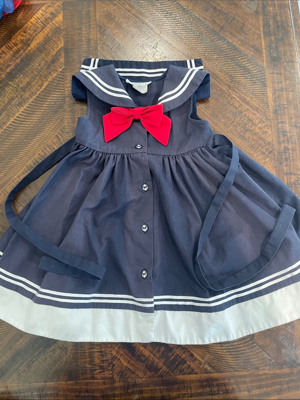 Navy Sailor-Style Kids Dress with Red Bow